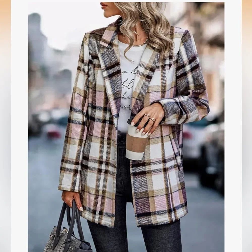 Stylish Women's Plaid Blazer in Pink and Brown